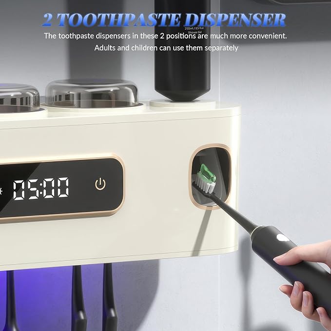 Bathroom Toothbrush Holders and 2 Toothpaste Dispenser with Smart Drying and Cleaning, Wall Mounted Toothbrush Organizer for Electric/Manual Toothbrushes with 3 Cups 6 Slots (Gray)