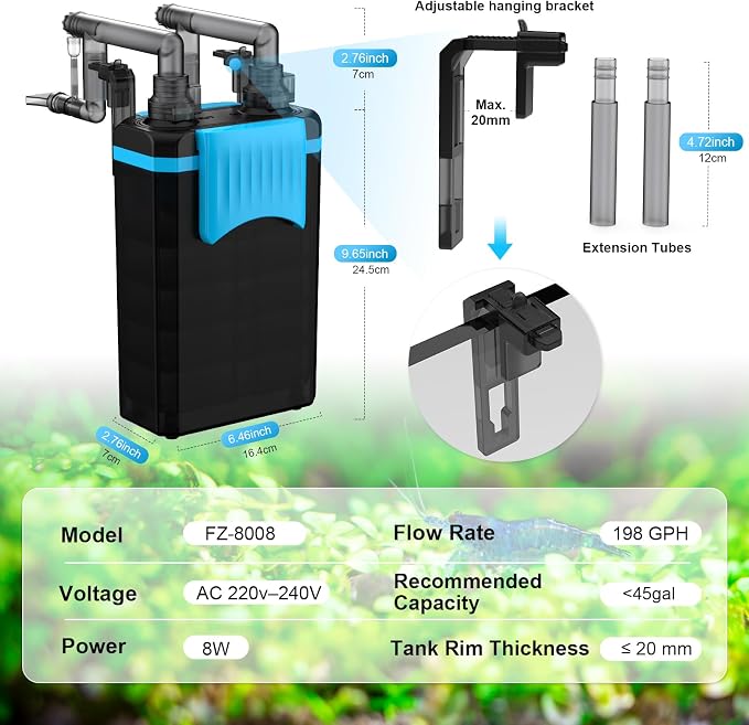 FZONE HOB Aquarium Filter for Small Fish Tanks, 4-Stage Hang on Back Canister Filter, 198 GPH Adjustable Flow, Rainfall, Duckbill & Direct Flow Outlets (L)