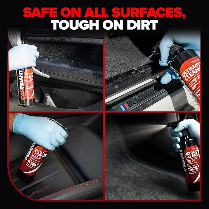Carfidant Car Interior Cleaner – Stain Remover & Odor Eliminator – No Residue Finish – Safe on Leather, Fabric, Carpet & Plastic – Detailing Spray with Microfiber Towel – 18oz