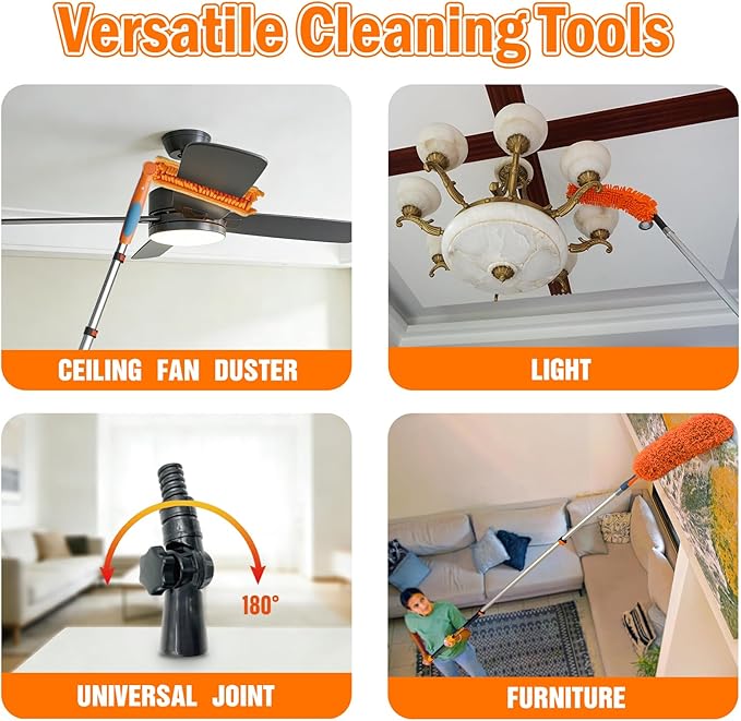 LAANPOLE 30FT Reach Ceiling Fan Cleaner Duster, Fan Blade Cleaner Kit with 5-24FT Extension Pole, Microfiber Duster & Replaceable Cleaning Cloth for Blades, Ceiling, Furniture