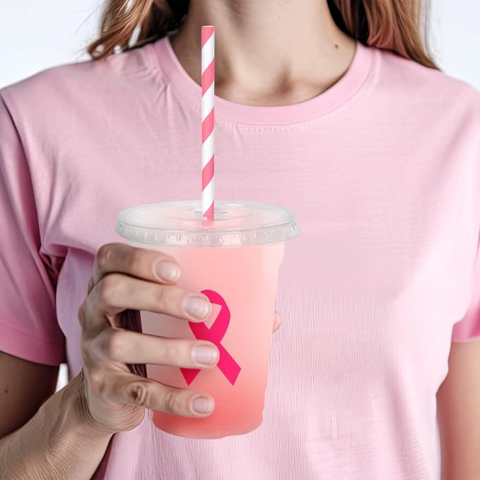 Whaline 50Pcs Breast Cancer Awareness Disposable Plastic Cups with Lids and Straws 12 Oz Pink Ribbon Cold Beverage Drinking Cups for Charity Event Women Party Supplies