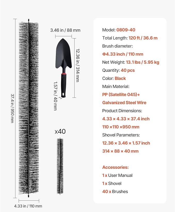 VEVOR Gutter Brush, 4.33 inch Diameter 120 Feet Total Length Gutter Cleaning Tools, Ground-Level Brush Leaf Guard for 5 Inch Gutters, Easily Clear Roof Leaves and Debris, 40 Pack