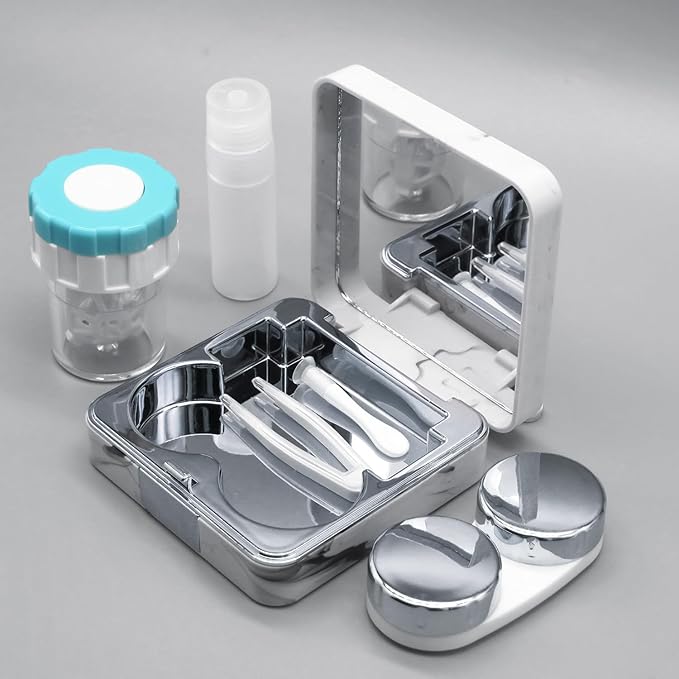 Vastsoon Contact Lens Case with Cleaner Washer, Portable Cute Eye Contacts Colored Lenses Applicator Remover Tool Kit with Mirror Solution Bottle Travel Size for Daily Outdoor (Square, Silver)