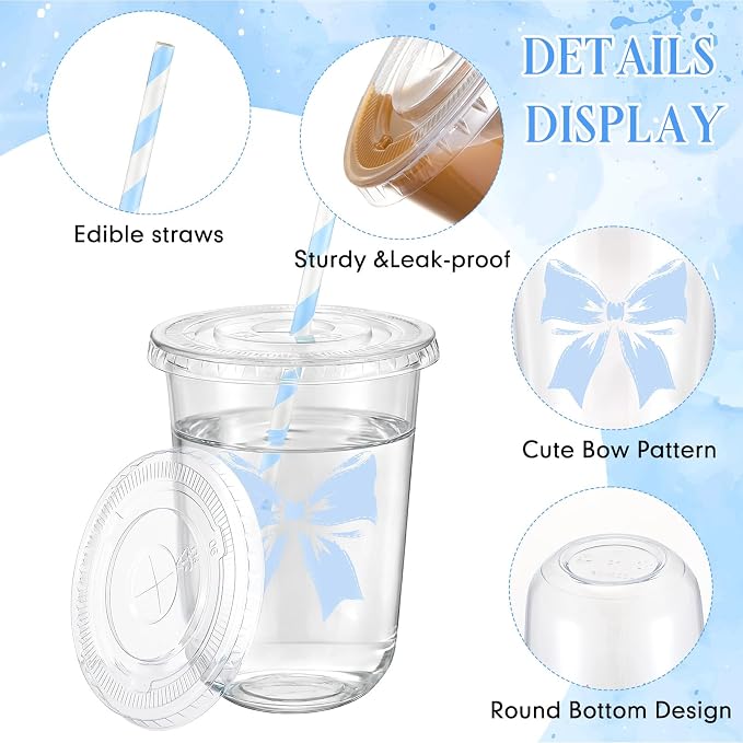 LemonRoad 50sets 16oz Blue Bow Cups Birthday Party Decorations Supplies Cute Plasic Cups Disposable with Lids and Straws for Valentines Galentines Day Christmas Wedding Baby Shower Decorations