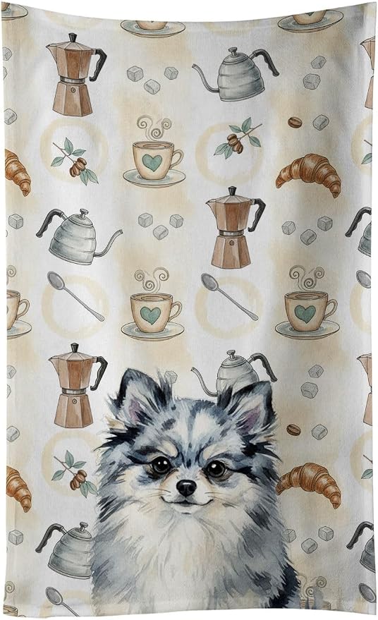 Caroline's Treasures Blue Merle Pomeranian Coffee Bar Kitchen Towel Velour Plush Front and Cotton Loop Back Machine Washable