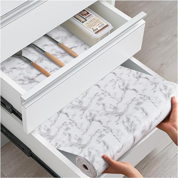 Drawer and Shelf Liner, Non-Slip Kitchen Cabinet Liners Non-Adhesive Thick Strong Grip Waterproof Washable Mats Protect Dresser Shelves Cupboard Bathroom Cabinets, White Marble, 12 in X 10 FT