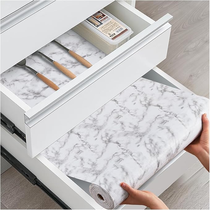 Drawer and Shelf Liner, Non-Slip Kitchen Cabinet Liners Non-Adhesive Thick Strong Grip Waterproof Washable Mats Protect Dresser Shelves Cupboard Bathroom Cabinets, White Marble, 12 in X 20 FT