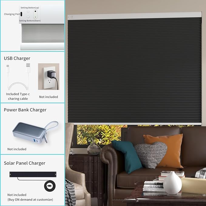 MYshade Motorized Cellular Shades - Smart Blinds Compatible with Alexa/Google Home/SmartThings, 100% Blackout Rechargeable Cordless Honeycomb Blinds, Custom-Size Auto Shades for Windows (Black)