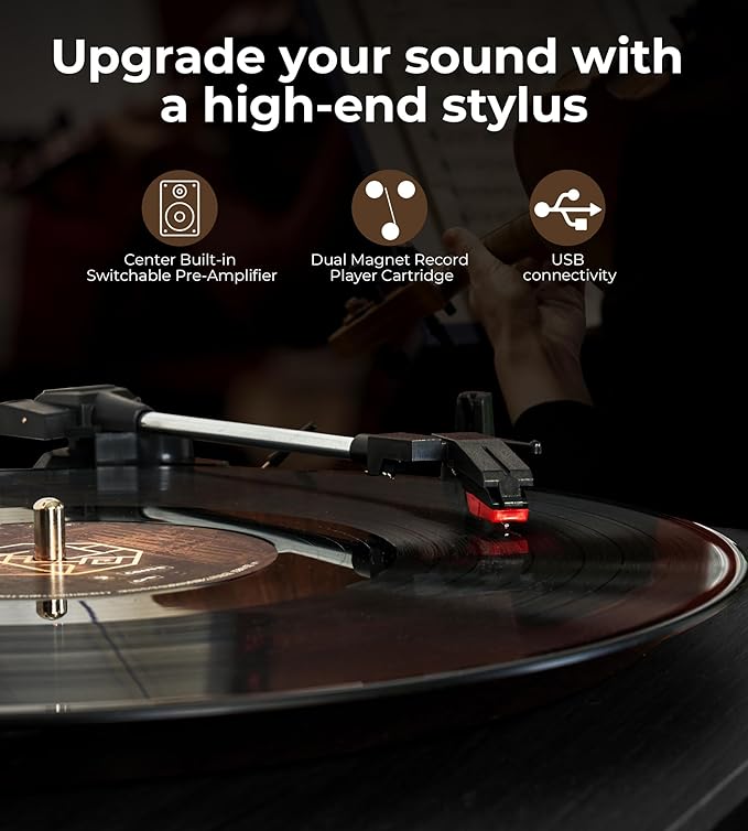 Vangoa Vinyl Record Player with Bookshelf Speakers Bluetooth Vintage Turntable for Vinyl Records Belt-Drive 3 Speed Portable LP Players Wooden Vinyl Players Auto Stop with Cleaning Kits, Black