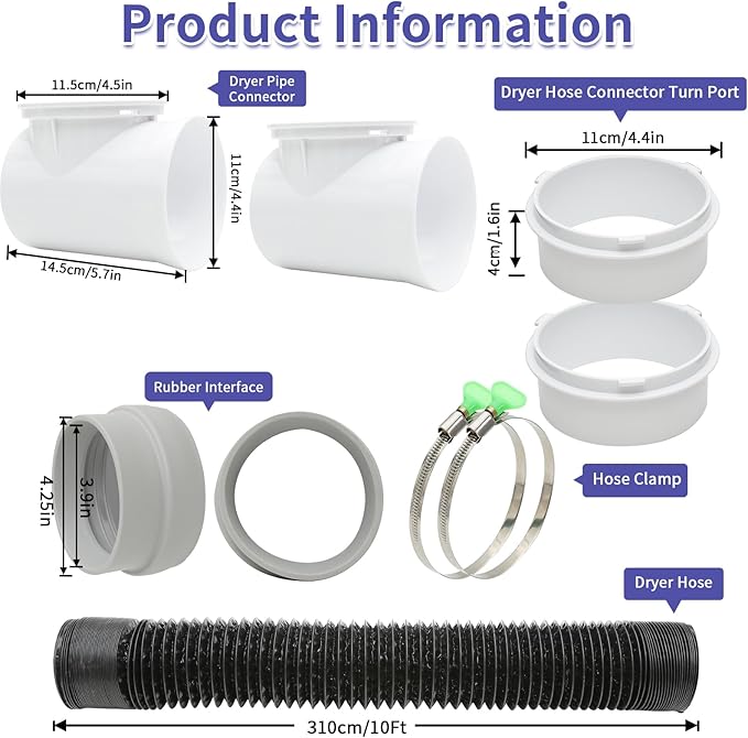4inch 10FT Dryer Vent Hose for Tight Space, 90 Degree Dryer Vent Elbow with Rubber Seal Connectors, 6-Layer Duct Hose with 2 Key Hose Clamps, Easy-Install Heat Resistant Dryer Hose Vent Kit