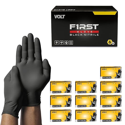 First Glove Volt 6 Mil Black Nitrile Disposable Gloves - 100 Count Large - Food Safe Heavy Duty Gloves for Cooking, Cleaning, Industrial & Food Service - Latex Free, Powder Free, Micro-Textured Grip