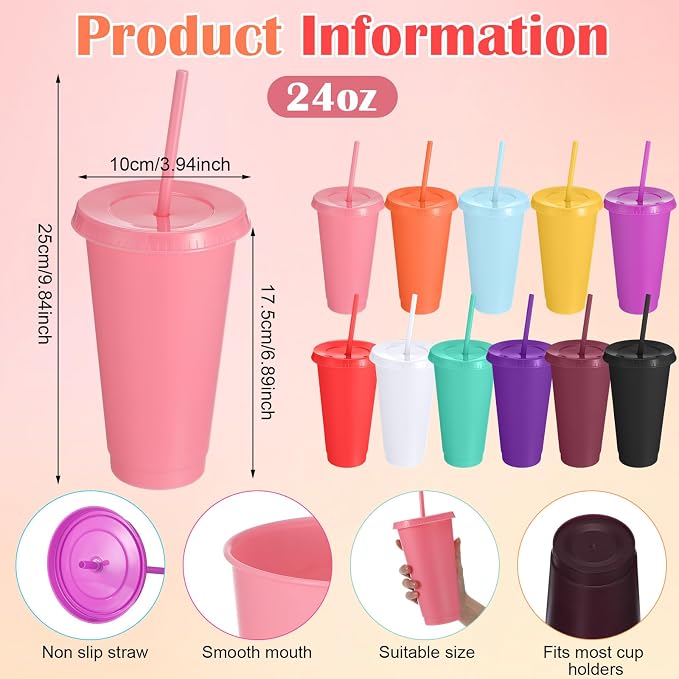Honeydak 120 Pack Tumbler with Straw and Lid Bulk Cups for Gifts Water Bottle Iced Coffee Travel Mug Cup Reusable Plastic Tumblers for Party Birthdays 24-27 oz (Classic Color)