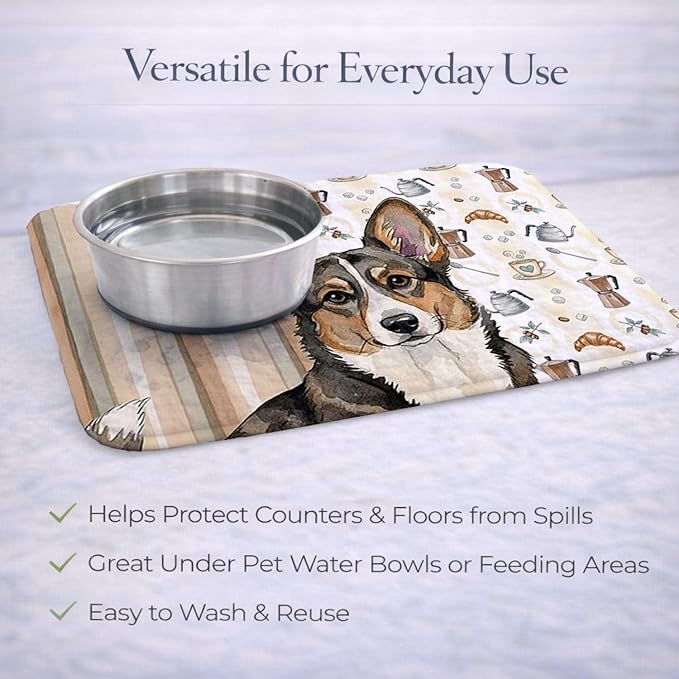 Caroline's Treasures Brindle Cardigan Welsh Corgi Coffee Bar Dish Drying Mat Absorbent Dish Drying Mat Pad for Kitchen Counter Dish Drainer Mat for Countertop, 14 x 21", Multicolor