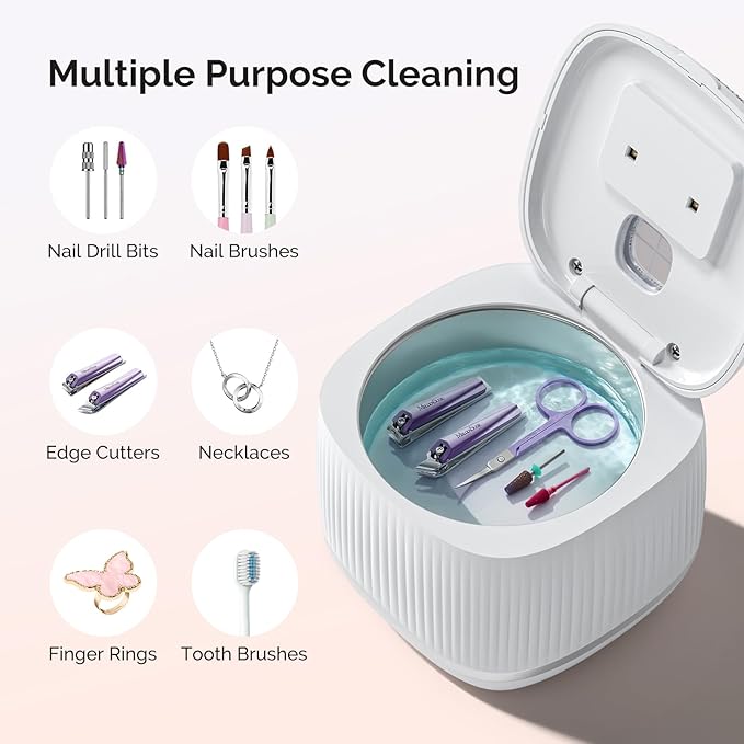 MelodySusie 2 in 1 Nail Tool Cleaning Machine, 3 Timers Mode for Nail Drill Bits, Nail Art Brush, Nail Clipper, Jewelry Cleaning, Salon & Home Use, White,DL-160