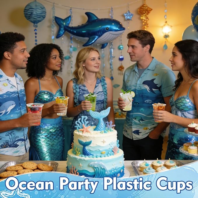 100Pcs Ocean Plastic Party Cups, 12oz Sea Party Disposable Clear Cups for Ocean Parties, Birthday, Summer, Sea Drinking Cups, Under the Sea Party Favors (2 Styles)