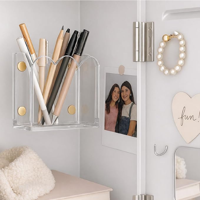 Orelle Scalloped Magnetic Acrylic Pen Holder | Magnetic Pen Holder for Refrigerator, Whiteboard, Office, Magnetic Locker Organizer | Magnetic Dry Erase Marker Holder | Classroom Must Haves | Clear