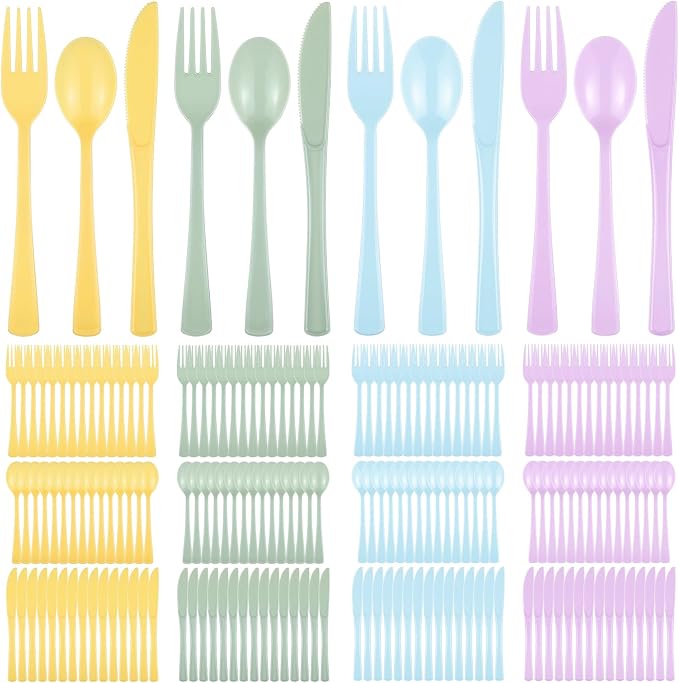 Minatee 180 Pcs Pastel Plastic Silverware Heavy Duty Cutlery Sets Disposable Utensils for Holiday Birthday Themed Party Supplies, 60 of Each Forks Knives Spoons(Macaron Color)