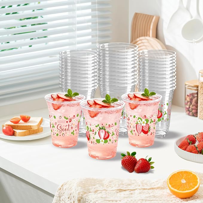 100 Pcs Strawberry Plastic Cups 12 oz Red and White Strawberry Disposable Clear Fruit Cold Beverage Cups for Birthday Baby Shower Summer Party Supplies Favors