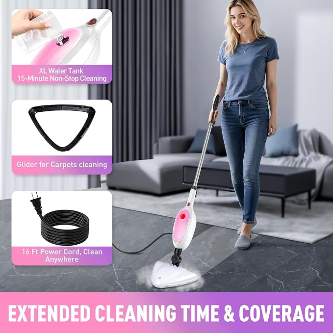 Steam Mop & Detachable Handheld Steamer 2-in-1 Design, 20s Fast Heat-Up, 16FT Power Cord, 10-in-1 Multi-Purpose Steam Cleaner for Hardwood Floors/Carpet/Tile/Grout/Window/Stove for Deep Home Cleaning