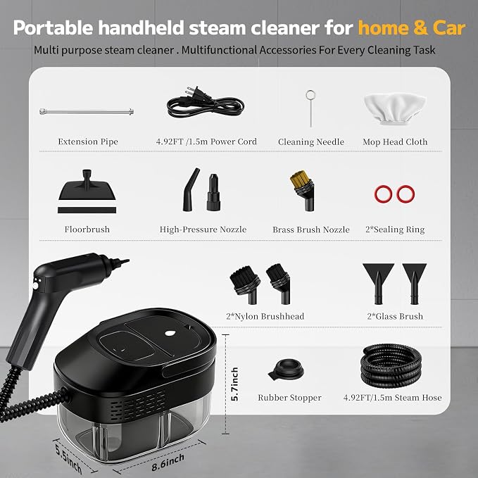 Pressurized Steam Cleaner, 54oz Large Tank, Portable Steamer for Cleaning with 15-Piece Kit, 15s Fast Heat-Up, 3-Level Control, Handheld Steam Cleaner for Home, Car, Kitchen (Classic Black)