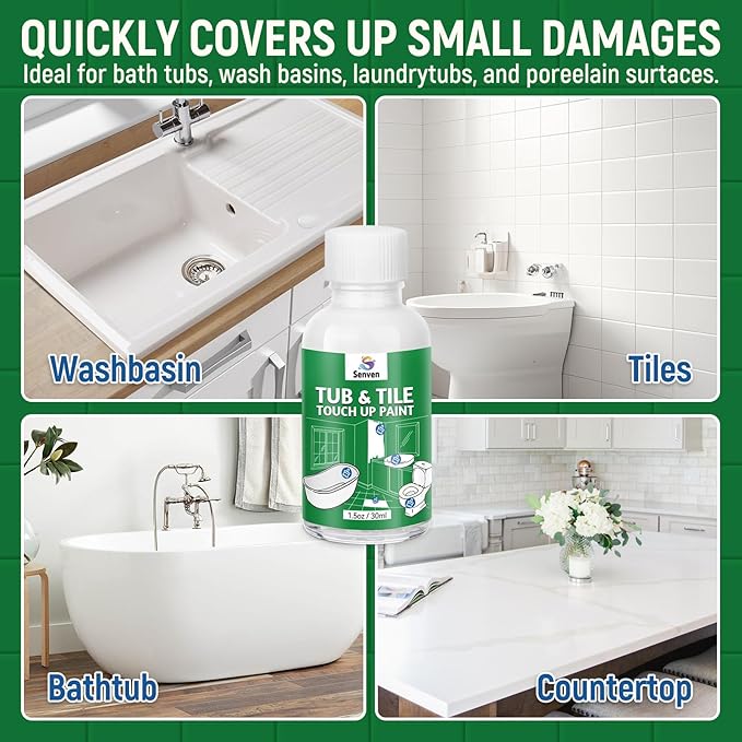 Tub and Tile Touch Up Paint Kit - High-Gloss White Porcelain Paint for Scratches & Chips on Tubs, Tiles, Sinks, Toilets Bathtubs, Fiberglass White Repair Acrylic, Enamel Quick-Dry 1.5 Fl Oz