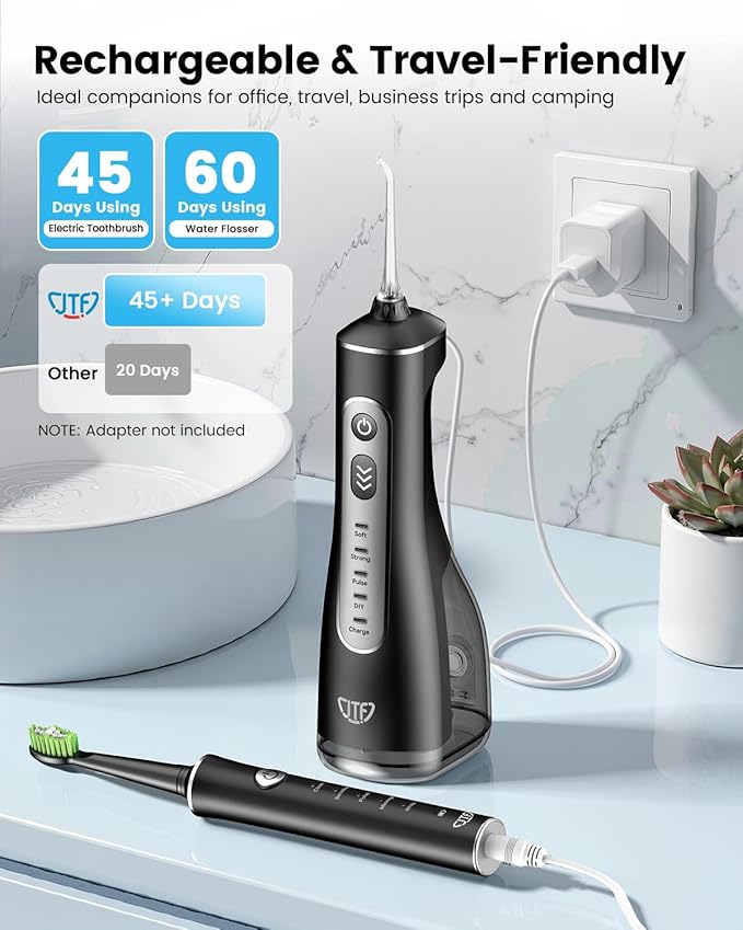 JTF Electric Toothbrush with Water Flosser Combo: 2-in-1 Portable Oral Clean Kit for Effective Yet Gentle Brushing & Flossing, Multiple Modes for Braces & Sensitive Gums Care, Cordless for Home Travel