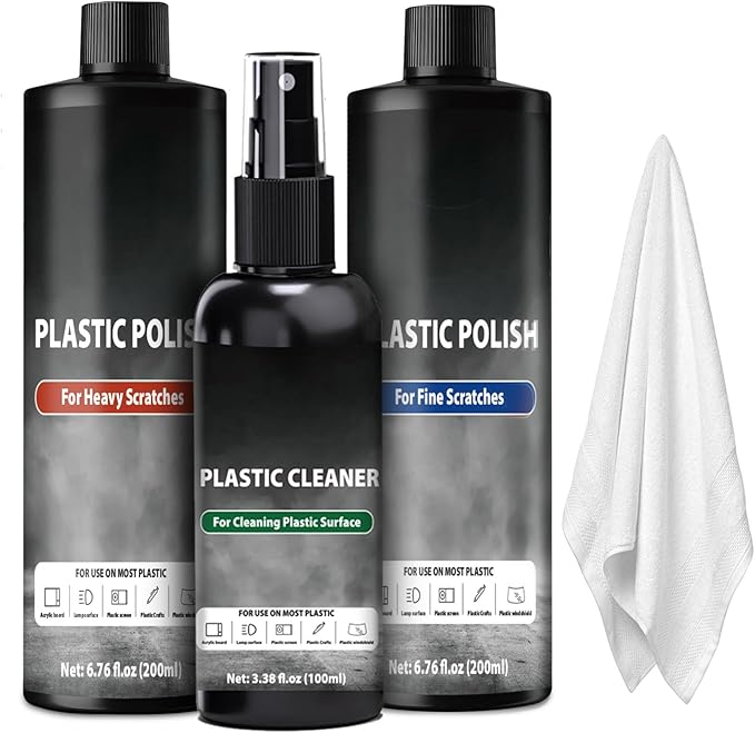 Plastic Cleaner and Polish, 3 Step Scratch Removal System for Clear Plastic and Acrylic Surfaces, Suitable for Light and Heavy Scratches or Blurry Surfaces