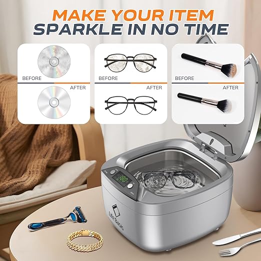 Life Basis Ultrasonic Cleaner Household Ultrasonic Jewelry Cleaner 850ml (28 Ounces) LCD Screen with 5 Digital Timer Watch Stand CD Holder for Ring Jewelry CD DVD Watches Glasses Makeup Brush - Silver
