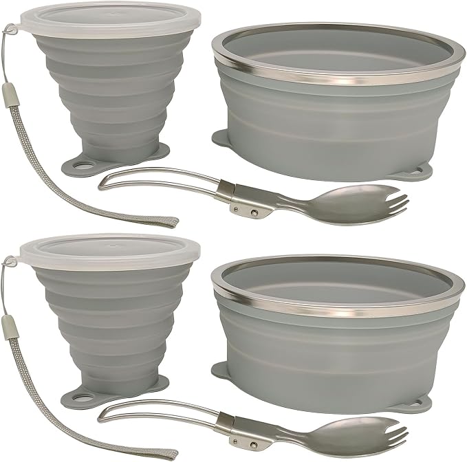 Mess Kit for Camping Silicone Collapsible Bowl Collapsible Cup and Stainless Steel Spoon for Backpacking Outdoor Hiking Traveling and Picnic - 2 Pack
