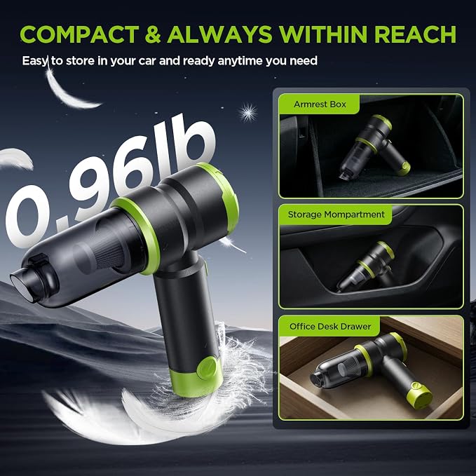 Handheld Car Vacuum Cleaner, 4-in-1 Cordless Rechargeable Mini Vacuum with Air Duster – Quickly Clean Crumbs, Pet Hair & Crevices in Car, Office, Home. Ideal for Commuters & Office Workers (Green)