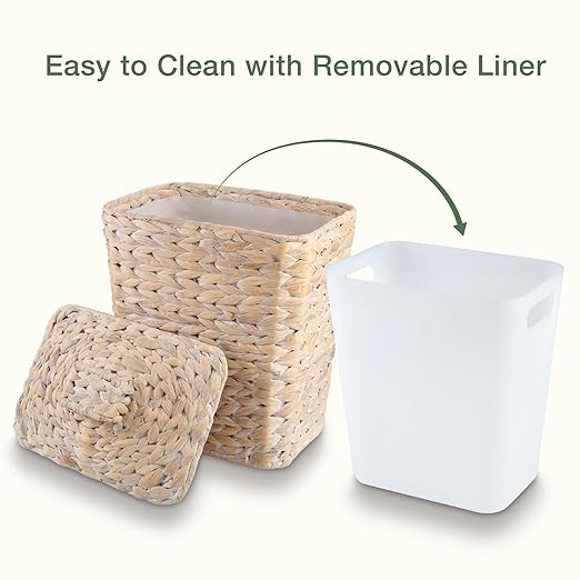 84ECO Wicker Trash Can with Lid and Liner - Rattan Trash Can for Bathroom - Decorative Wicker Waste Basket for Bedroom, Kitchen and Office (White)