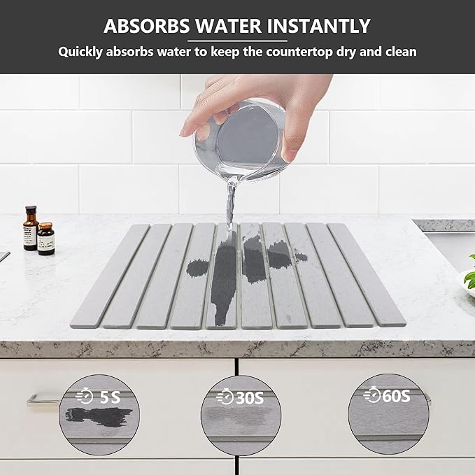 Large Stone Drying Mat for Kitchen Counter Diatomaceous Earth Collapsible 24”（L）*16”（W）Super Heat Resistant Mats, Quick Absorbent Dish Drying Rack（White）