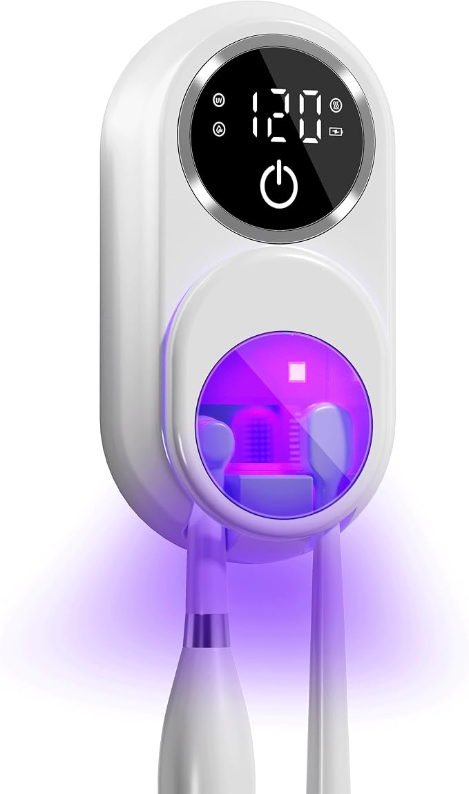 UV Toothbrush Sanitizer Holder, Auto-Sensor Wall-Mount Tooth Brush Cleaner with Heated Drying, 2 Slots LED Smart Screen for Bathroom (White)