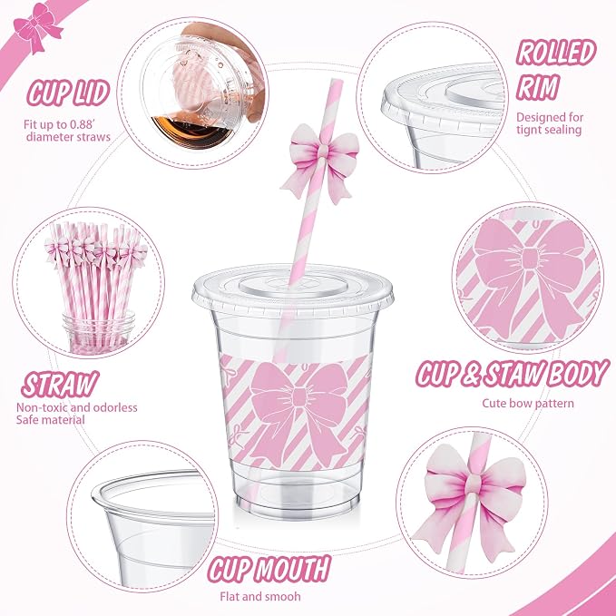 Maxdot 50 Pcs 16 oz Coquette Pink Bow Plastic Cups with Lids and Straws Pink Bowknot Disposable Drinkware for Party Supplies Baby Shower Birthday Bachelorette Wedding Bridal Party Supplies