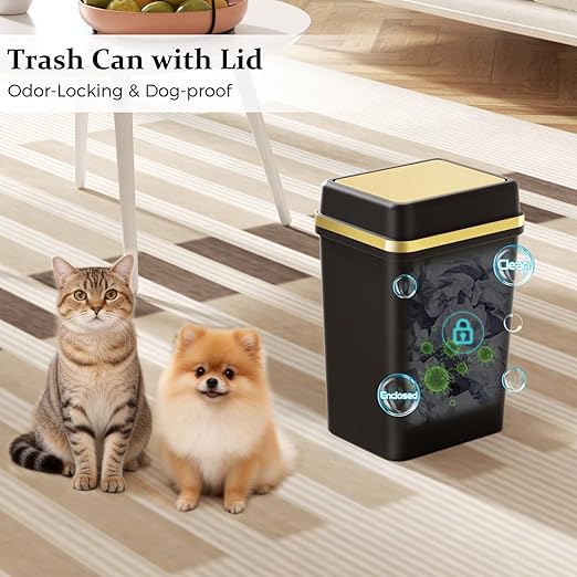 3 Pack Bathroom Trash Can with Lid 4 Gallon Small Trash Can with Press Top Lid Black and Gold Bathroom Garbage Can with 150 Counts Trash Bags for Kitchen Bedroom Office