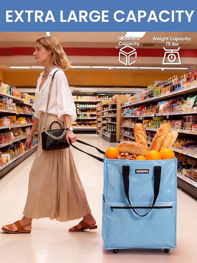 WORKPRO Medium Rolling Grocery Bag, 18-Gallon Tote with 4 Wheels, 75 lbs Capacity, Dual Carry, Wide Zipper & Extra Storage for Shopping, Laundry & Moving