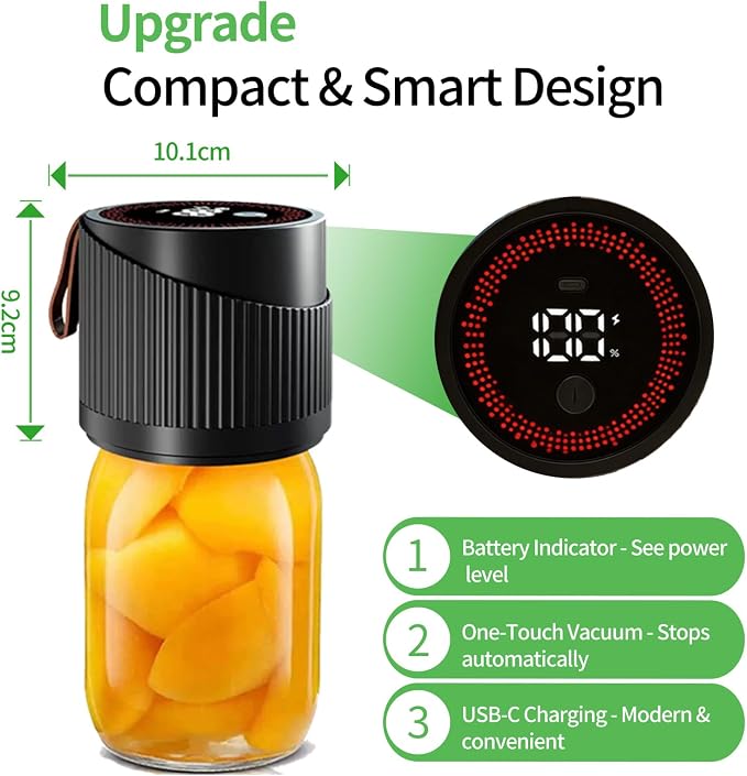 Electric Mason Jar Vacuum Sealer Kit for Wide and Regular Mouth Jars - Vacuum Sealer Machine with -80kpa Suction, Automatic One-Button Operation for Food Storage