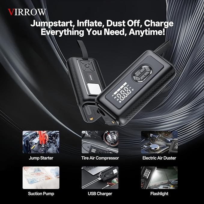 Tire Inflator Portable Air Compressor with Electric Air Duster and Car Jump Starter: 150PSI Cordless Bike Pump - 130000RPM - 1000A up to 6.0L Gas and 3.0L Diesel Engine for Cars, Outdoor, Home