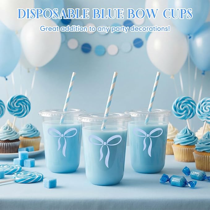 LemonRoad 50sets 16oz Blue Bow Cups Blue Birthday Party Decorations Supplies Cute Plastic Cups Disposable with Lids and Straws, for Valentines Galentines Day Christmas Wedding Baby Shower Decorations