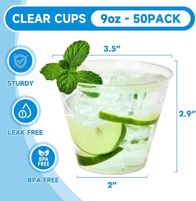 RACETOP 9 oz 50 packs Clear Disposable Plastic Cups, Durable Plastic Cups Tumblers, Perfect for Parties, Wedding and Festival Events