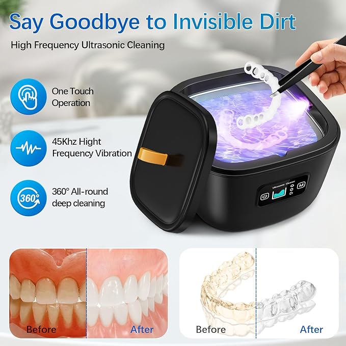 Raccomb Ultrasonic Retainer Cleaner Machine for Denture UV Ultrasonic Cleaner 45kHz 255ML 3 Mode Adjustable Ultrasonic Jewelry Cleaner for Aligner Mouth Guard Toothbrush Whitening Tray Ring Diamond