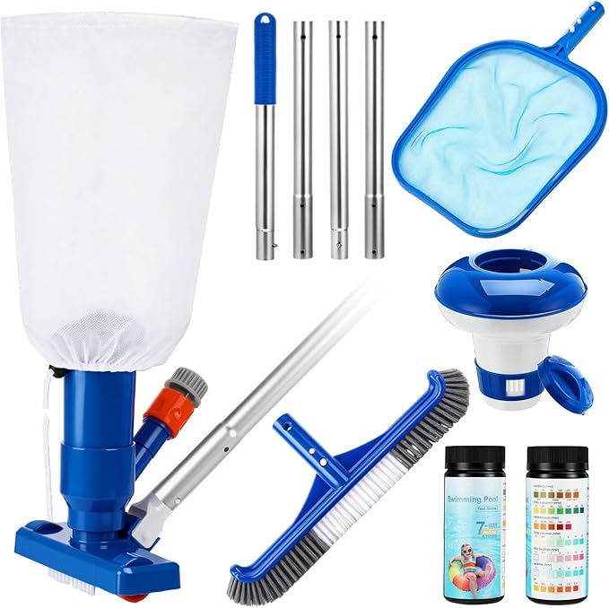 Potchen 6 Pcs Pool Cleaning Kit Include Vacuum Head, Skimmer Net, Brush Head, Telescoping Pole, Pool Chlorine Floater, and Test Strips for Above Ground Pools Hot Tubs Maintenance Tools(Spa Jet Vac)