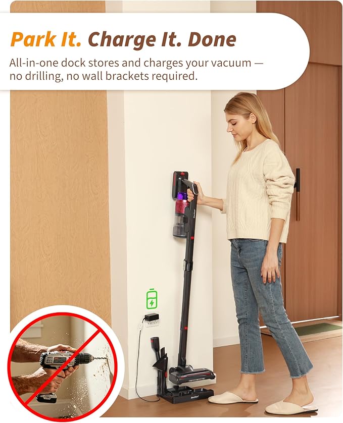 ElecKeys 650W Cordless Vacuum Cleaner for Home, Pet Hair & Hardwood Floors, 55KPa Lightweight Vacuum Cleaners with 65 Mins Runtime, Self-Standing, Foldable Tube, Charging Dock & Anti-Tangle Brush