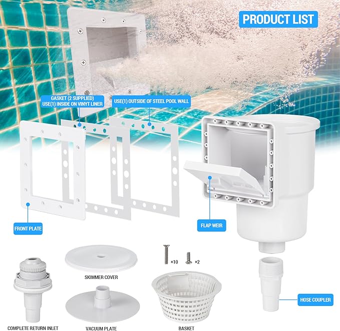 Above Ground Pool Skimmer Kit, Heavy Duty Through Wall Pool Skimmers, Wall Mountedp Pool Skimmers for Filter Leaves, Hair, Bugs, and Impurities from The Surface of The Pools (Grey)