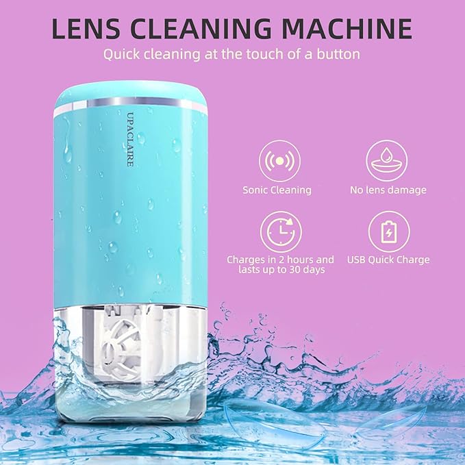 Portable Ultrasonic Contact Lens Cleaner with USB Charger and Solution Soak Case - Soft, Colored, Blue