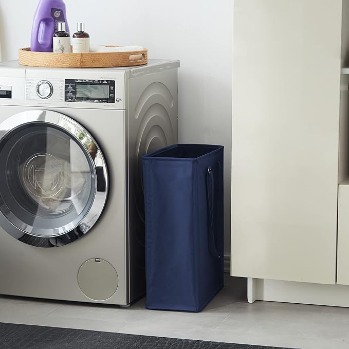 Slim Laundry Hamper with Adjustable Long Handles, 45L Small Laundry Baskets with Mesh Top, Narrow Dirty Clothes Hamper for Bedroom, Closet, and Bathroom - Navy