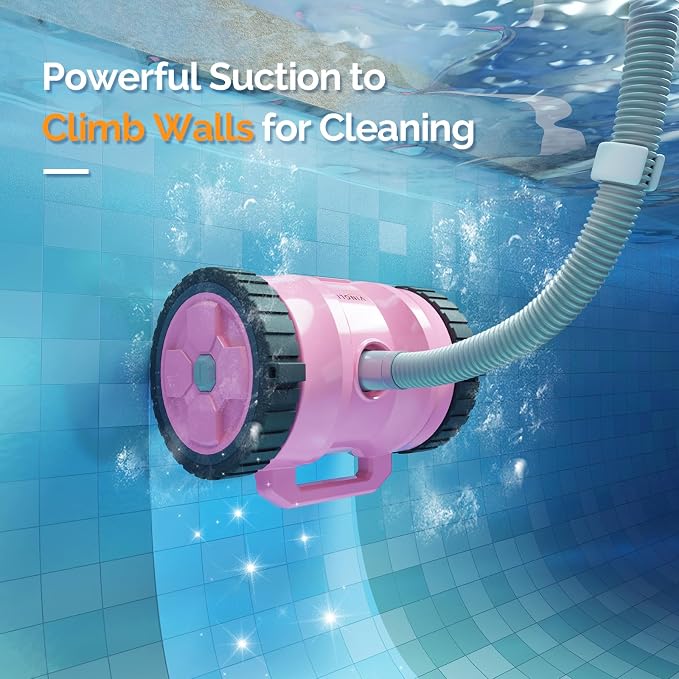 (2025 Upgrade) VINGLI Pool Vacuum Cleaner, Suction Side Wall-Climbing Sweeper for Ground&Inground Pools, Automatic Pool Vacuum with 39.6ft Tangle-Free Hose (Comfort Pink&Gray)
