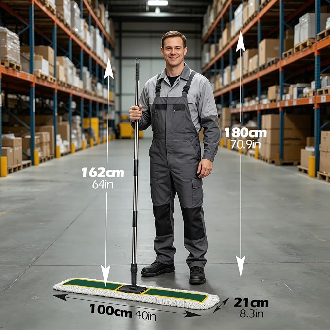 MASTERTOP 40" Commercial Dust Mop for Floor Cleaning, Heavy Duty Flat Mop | Industrial 64" Long Handle Push Broom with 2 Cotton Pads for Hardwood, Tile, Laminate, Concrete, Warehouse & Gym Cleaning