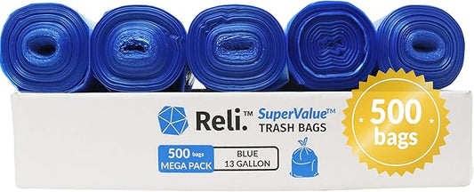 Reli. SuperValue 13 Gallon Recycling Bags | 500 count Bulk | Tall Kitchen | Blue Trash Bags