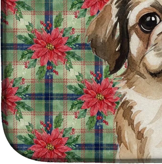 Caroline's Treasures Sable Pekingese Christmas PoinsettIas Dish Drying Mat Absorbent Dish Drying Mat Pad for Kitchen Counter Dish Drainer Mat for Countertop, 14 x 21", Multicolor